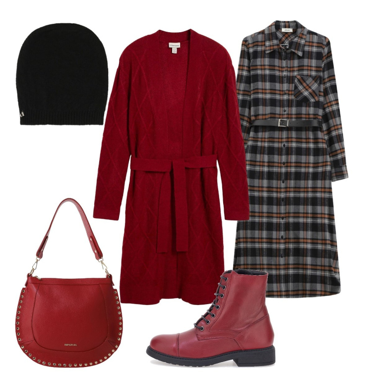 Outfit donna - Gli anfibi rossi. Stile Glamour per Tutti i giorni. Abbinamento con cardigans, borse a spalla, berretti, vestiti midi/longuette, anfibi.