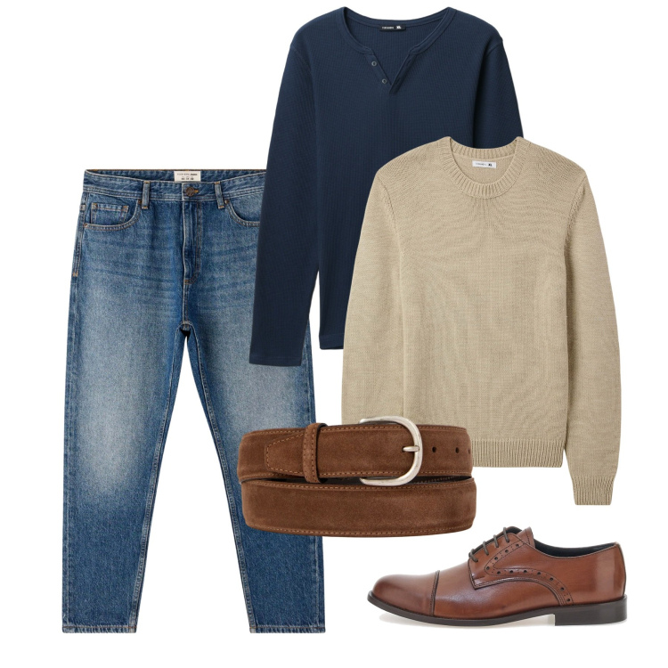 Outfit uomo - Casual. Stile Casual per Tutti i giorni. Abbinamento con jeans, t-shirt, maglieria, cinture, scarpe stringate.