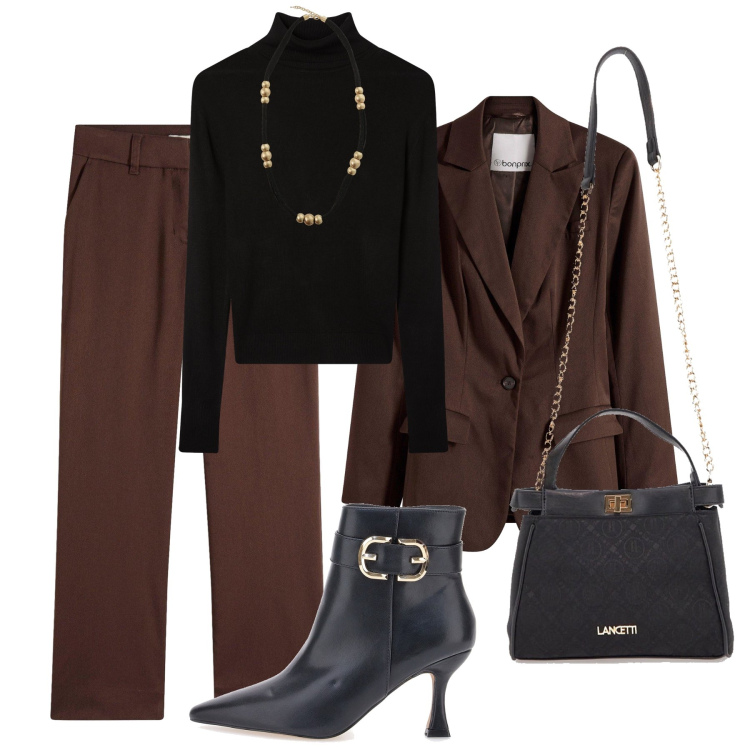 Outfit donna - Stivaletti glam - @susystyle. Stile Glamour per Ufficio. Abbinamento con pantaloni, blazer, maglieria, collane, borse a tracolla, stivaletti.