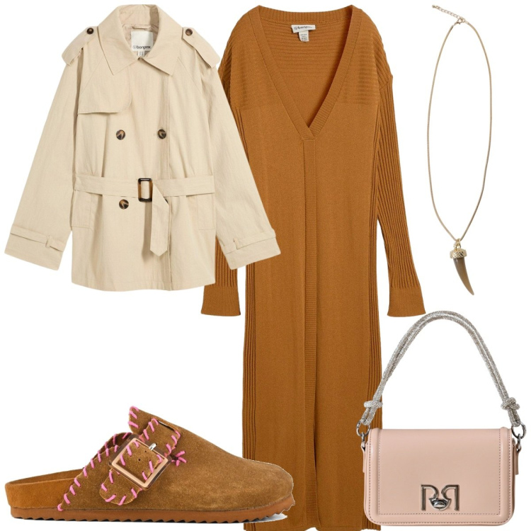 Outfit donna - Look color caramello : il vestito. Stile Trendy per Tutti i giorni. Abbinamento con vestiti, trench, borse a mano, collane, sabot.