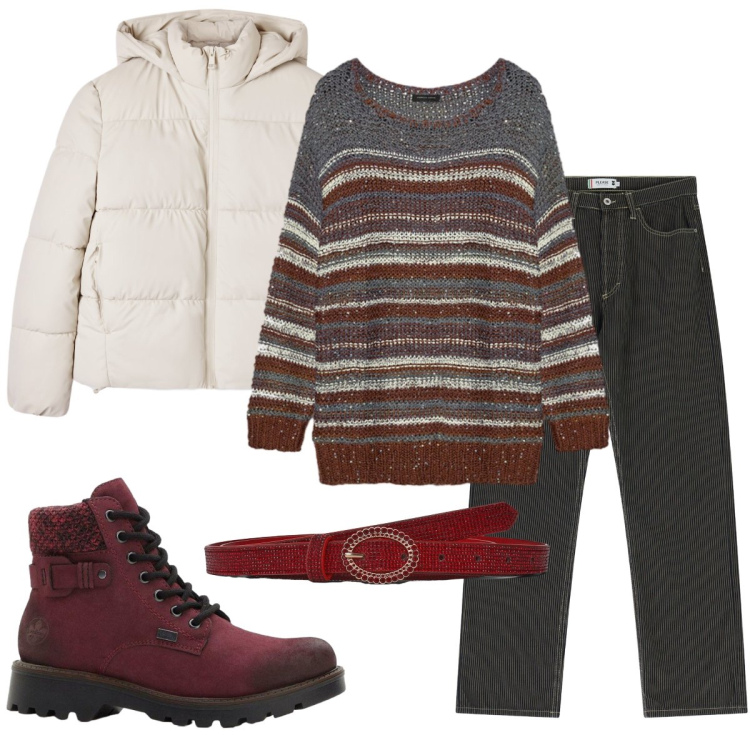 Outfit donna - I jeans con le righe. Stile Casual chic per Scuola/Università. Abbinamento con stivaletti, pantaloni, bomber, cinture, maglieria.