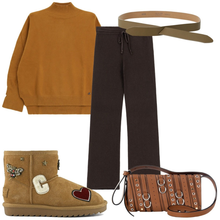 Outfit donna - Look color caramello: il maglione. Stile Trendy per Tutti i giorni. Abbinamento con borse a spalla, pantaloni a palazzo, maglieria, cinture, stivali.