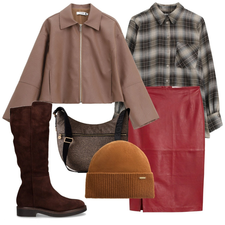 Outfit donna - Miss. Stile Chic per Tutti i giorni. Abbinamento con gonne, blazer, borse a spalla, camicie, berretti, stivali.