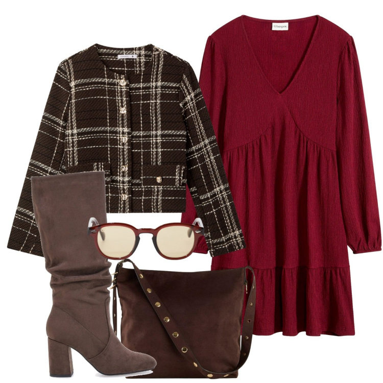 Outfit donna - La chanel. Stile Chic per Tutti i giorni. Abbinamento con shopping bag, vestiti, blazer, occhiali da sole, stivali sopra il ginocchio.