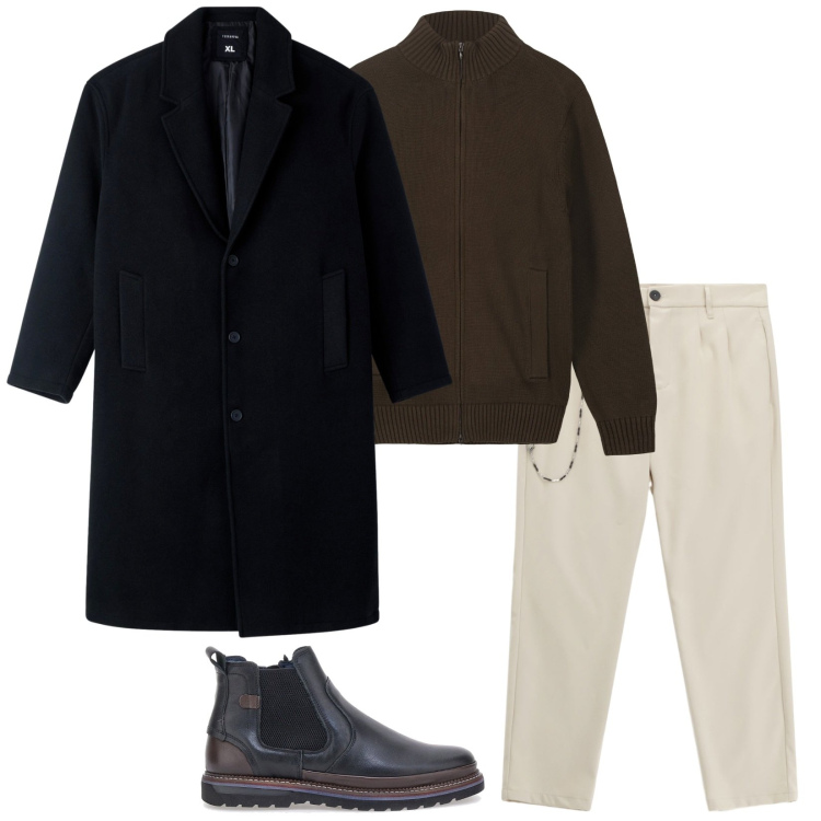 Outfit uomo - Total look #2282339. Stile Trendy per Serata speciale. Abbinamento con cappotti, pantaloni, stivali e stivaletti, cardigans.