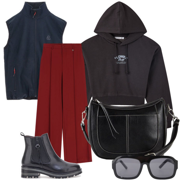 Outfit donna - Felpa e smanicato. Stile Casual chic per Tutti i giorni. Abbinamento con borse a tracolla, felpe con cappuccio, occhiali da sole, pantaloni a palazzo, stivaletti chelsea, gilet.