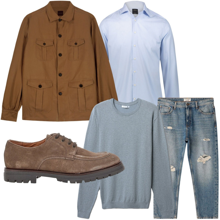 Outfit uomo - Raffinato contrasto. Stile Trendy per Tutti i giorni. Abbinamento con jeans strappati, maglieria, camicie, scarpe stringate, cappotti.