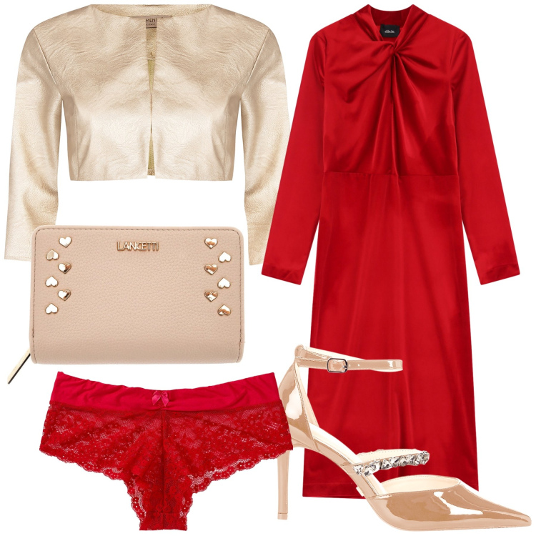 Outfit donna - Rosso più oro. Stile Glamour per Cerimonia. Abbinamento con culotte, bolero, décolleté, vestiti midi/longuette, portafogli.