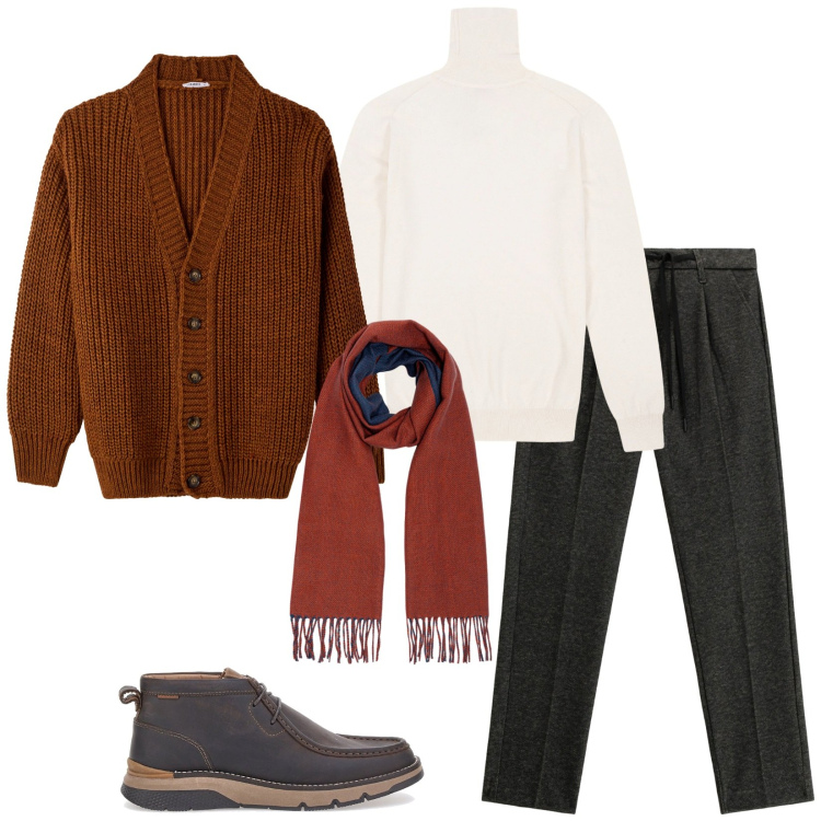 Outfit uomo - Cardigan e dolcevita. Stile Casual per Tutti i giorni. Abbinamento con cardigans, pantaloni, scarpe stringate, sciarpe, maglieria.