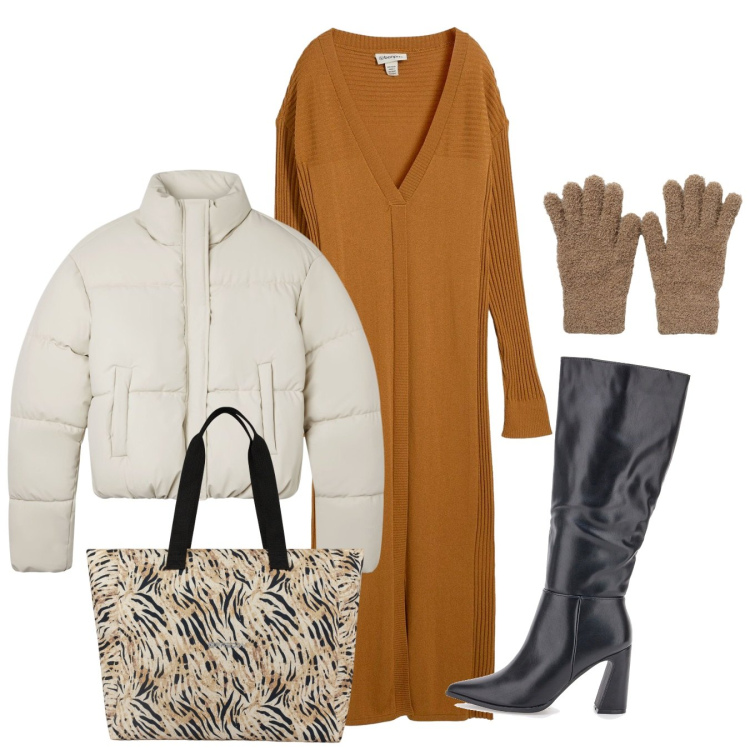 Outfit donna - Linee pulite. Stile Chic per Tutti i giorni. Abbinamento con vestiti, guanti, bomber, shopping bag, stivali.