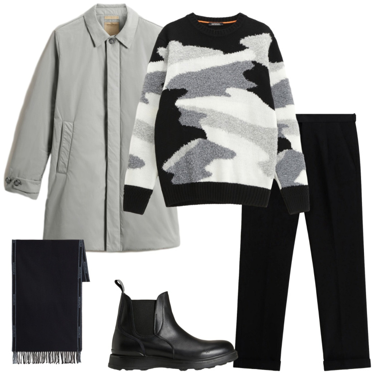 Outfit uomo - Total look #2282357. Stile Trendy per Serata speciale. Abbinamento con pantaloni, maglieria, stivali e stivaletti, cappotti, sciarpe.