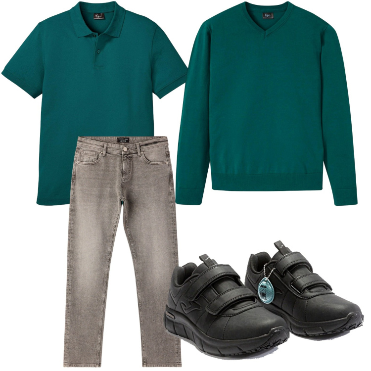 Outfit uomo - Forme rilassate. Stile Casual per Tutti i giorni. Abbinamento con polo, maglieria, jeans, sneakers.