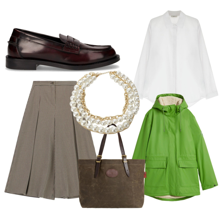 Outfit donna - Sotto la pioggia con stile. Stile Casual chic per Ufficio. Abbinamento con blazer, pantaloni a palazzo, camicie, collane, borse tote, mocassini.