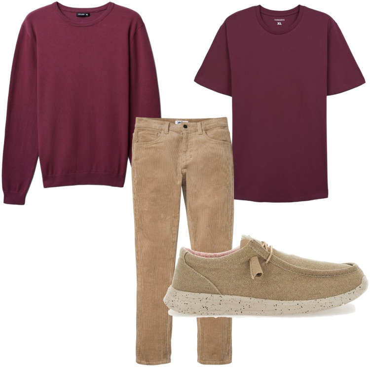 Outfit uomo - Linee semplici. Stile Trendy per Tutti i giorni. Abbinamento con pantaloni, t-shirt, maglieria, scarpe stringate.