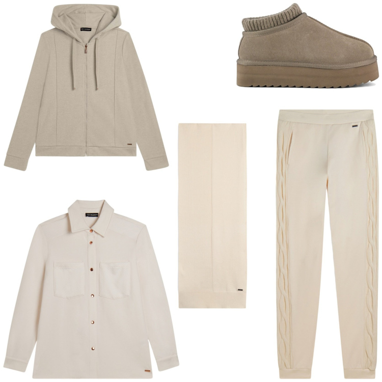 Outfit donna - Serata in casa. Stile Minimal per Tutti i giorni. Abbinamento con pantaloni, camicie, felpe con cappuccio, sciarpe, sabot.