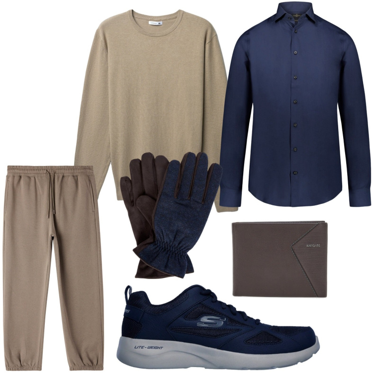 Outfit uomo - Tendenza dinamica. Stile Casual per Tutti i giorni. Abbinamento con pantaloni, maglieria, sneakers, camicie, guanti, portafogli.