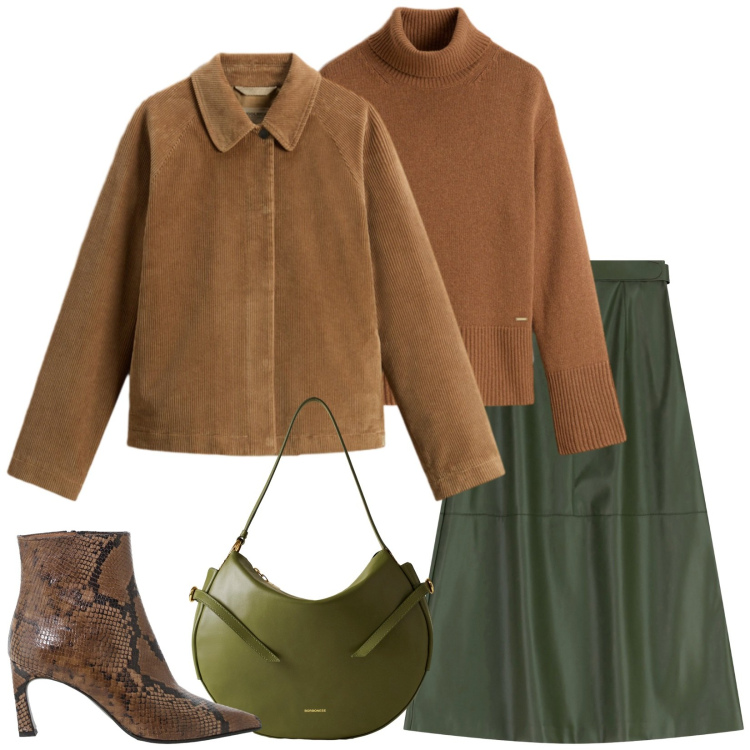 Outfit donna - Oliva e cammello. Stile Casual chic per Serata fuori. Abbinamento con gonne lunghe, borse a spalla, stivaletti, cappotti, maglieria.