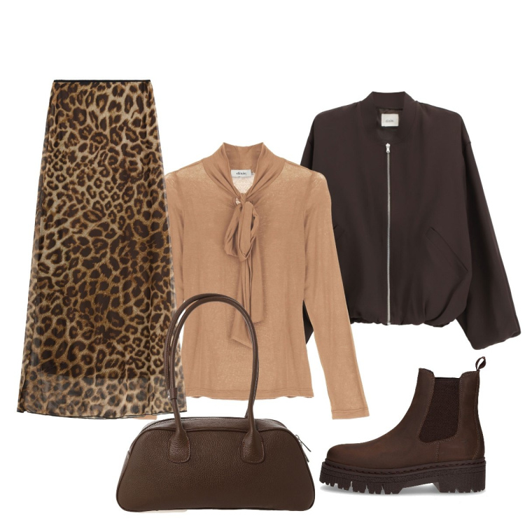 Outfit donna - La serata gonna animalier e tronchetti. Stile Casual chic per Tutti i giorni. Abbinamento con gonne lunghe, top, bomber, borse a mano, stivaletti chelsea.