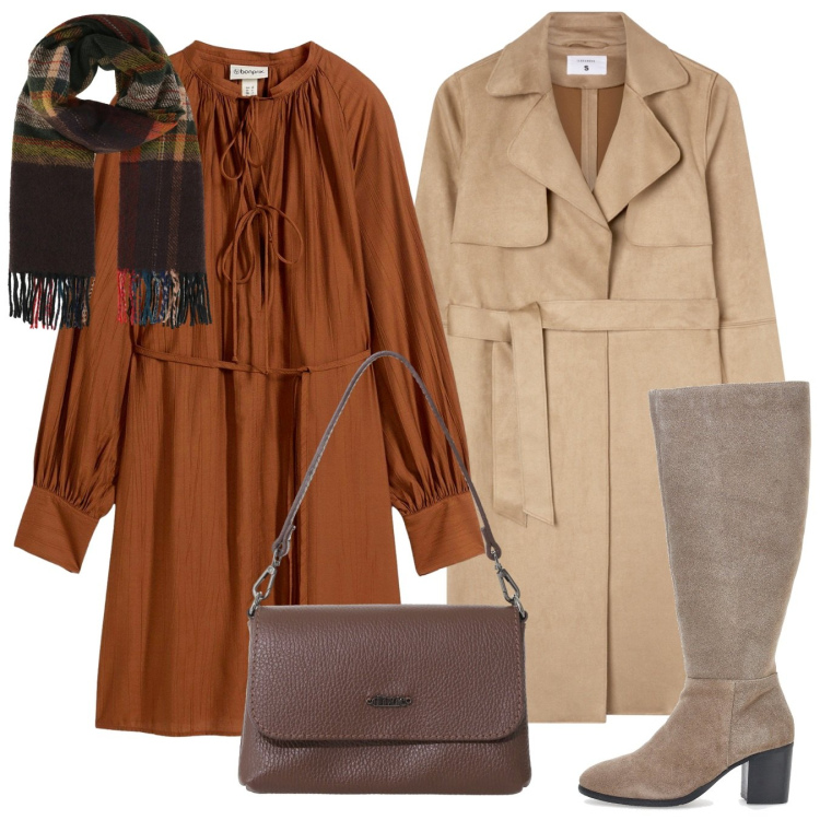 Outfit donna - L\'abito tunica. Stile Bon Ton per Tutti i giorni. Abbinamento con vestiti, sciarpe, trench, borse a tracolla, stivali.