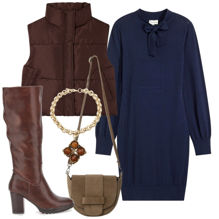 Outfit donna - Maxi Pull blu. Stile Bon Ton per Tutti i giorni. Abbinamento con vestiti, piumini, collane, borse a tracolla, stivali.