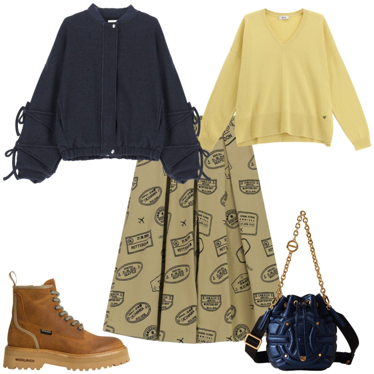 Outfit donna - Total look #2282378. Stile Casual chic per Tutti i giorni. Abbinamento con borse a secchiello, gonne longuette, bomber, maglieria, anfibi.