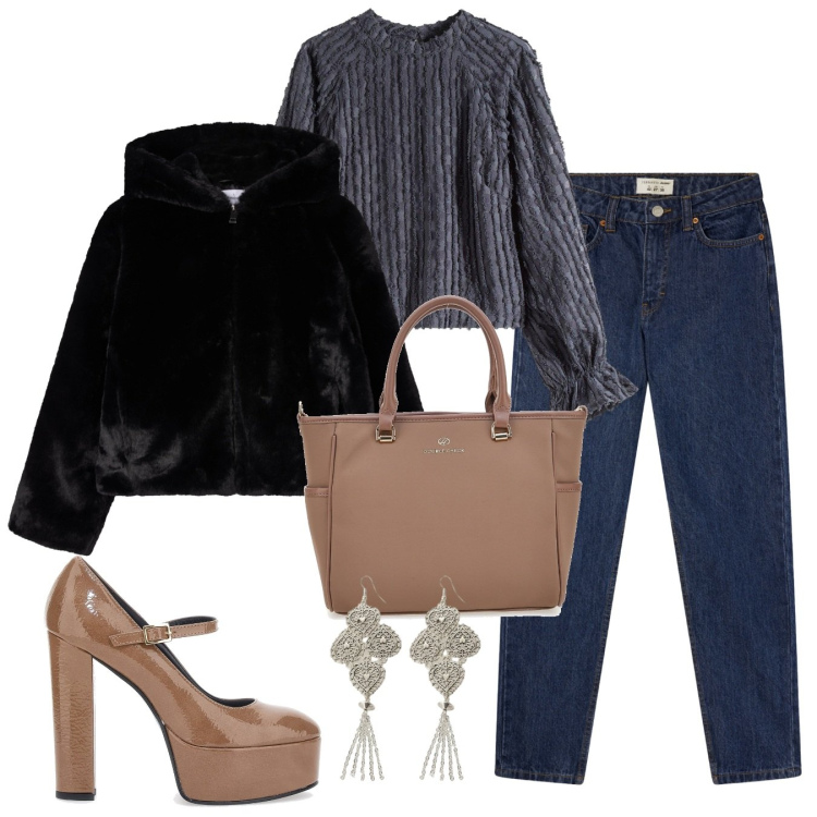 Outfit donna - Romantica in jeans. Stile Casual chic per Tutti i giorni. Abbinamento con bluse, jeans mom, ecopellicce, orecchini, scarpe col tacco, borse a tracolla.