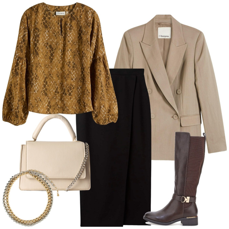 Outfit donna - Blusa chic. Stile Chic per Tutti i giorni. Abbinamento con blazer, bluse, gonne longuette, borse a tracolla, collane, stivali.