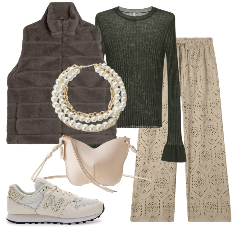 Outfit donna - Total look #2282381. Stile Casual chic per Tutti i giorni. Abbinamento con maglieria, gilet, pantaloni, borse a tracolla, collane, sneakers.