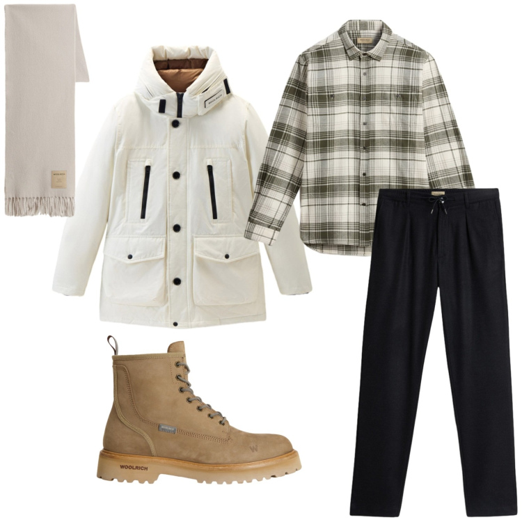 Outfit uomo - Total look #2282383. Stile Trendy per Tutti i giorni. Abbinamento con anfibi, parka, camicie, sciarpe, pantaloni.