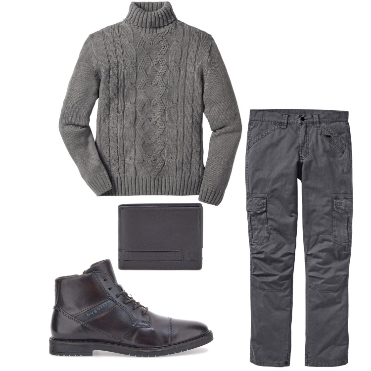 Outfit uomo - Total look #2282384. Stile Urban per Tutti i giorni. Abbinamento con pantaloni cargo, maglieria, stivali e stivaletti, portafogli.