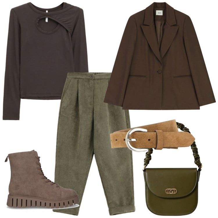 Outfit donna - Bosco. Stile Casual per Tutti i giorni. Abbinamento con cinture, borse a mano, maglieria, pantaloni, blazer, anfibi.