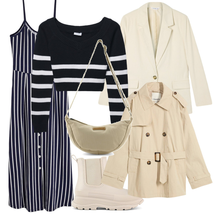 Outfit donna - A strati sotto la pioggia. Stile Urban per Ufficio. Abbinamento con trench, vestiti midi/longuette, maglieria, blazer, stivali, borse a tracolla.