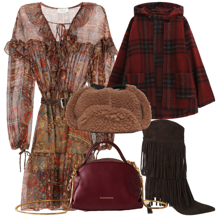 Outfit donna - Etnicamente chic. Stile Etnico per Serata fuori. Abbinamento con caban, borse a mano, vestiti, stivali, cappelli.