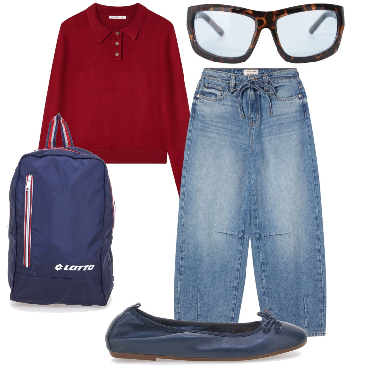 Outfit donna - Casual di sabato con amici. Stile Casual chic per Tutti i giorni. Abbinamento con jeans, polo, occhiali da sole, ballerine, zaini.