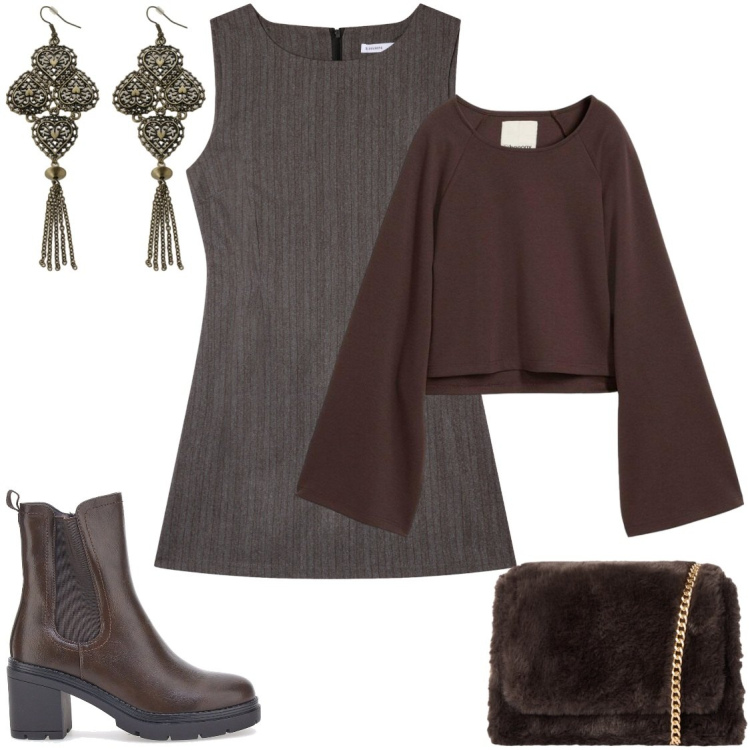 Outfit donna - Abito midi. Stile Minimal per Tutti i giorni. Abbinamento con cappe, vestiti corti, borse a tracolla, orecchini, stivaletti chelsea.