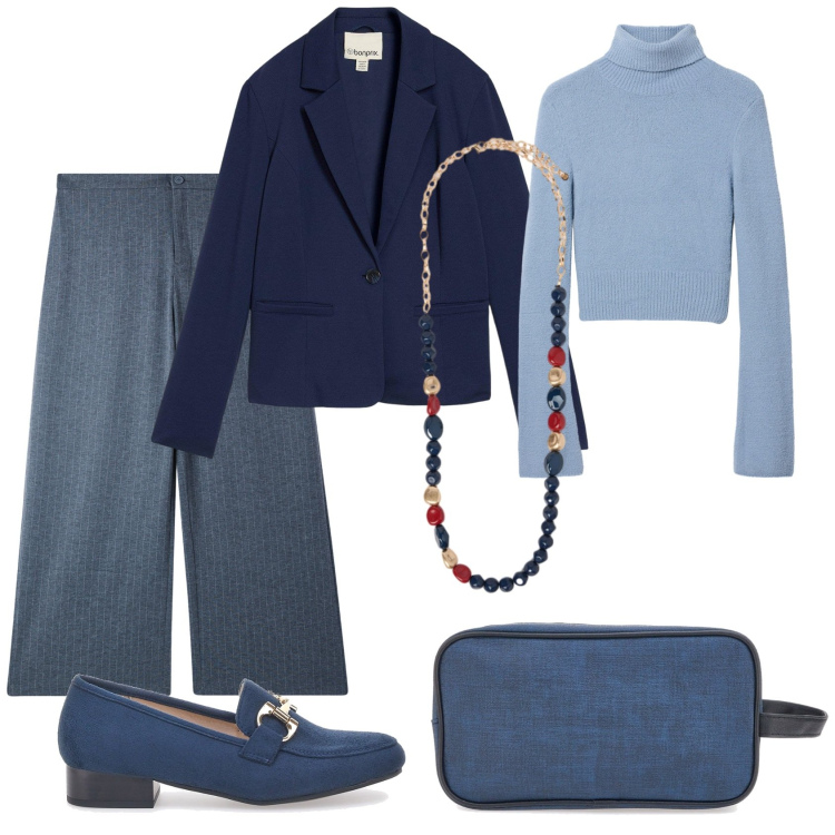 Outfit donna - Total look #2282398. Stile Casual chic per Ufficio. Abbinamento con blazer, pantaloni, maglieria, collane, mocassini, valigie.