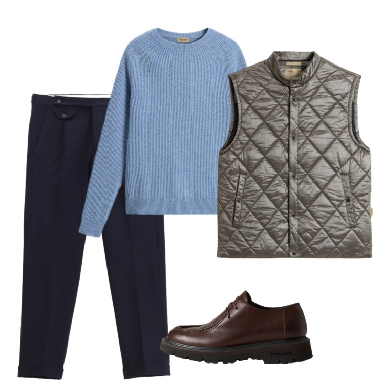 Outfit uomo - Novembre. Stile Casual per Tutti i giorni. Abbinamento con pantaloni, maglieria, scarpe stringate, gilet.