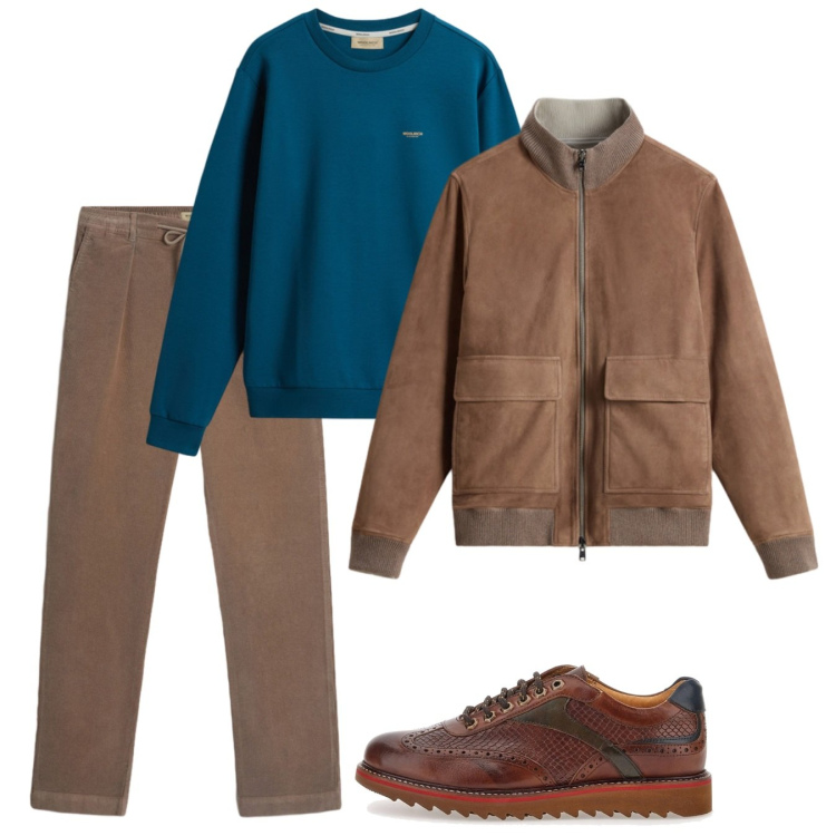 Outfit uomo - Blu e nocciola. Stile Casual per Tutti i giorni. Abbinamento con pantaloni, felpe, bomber, scarpe stringate.