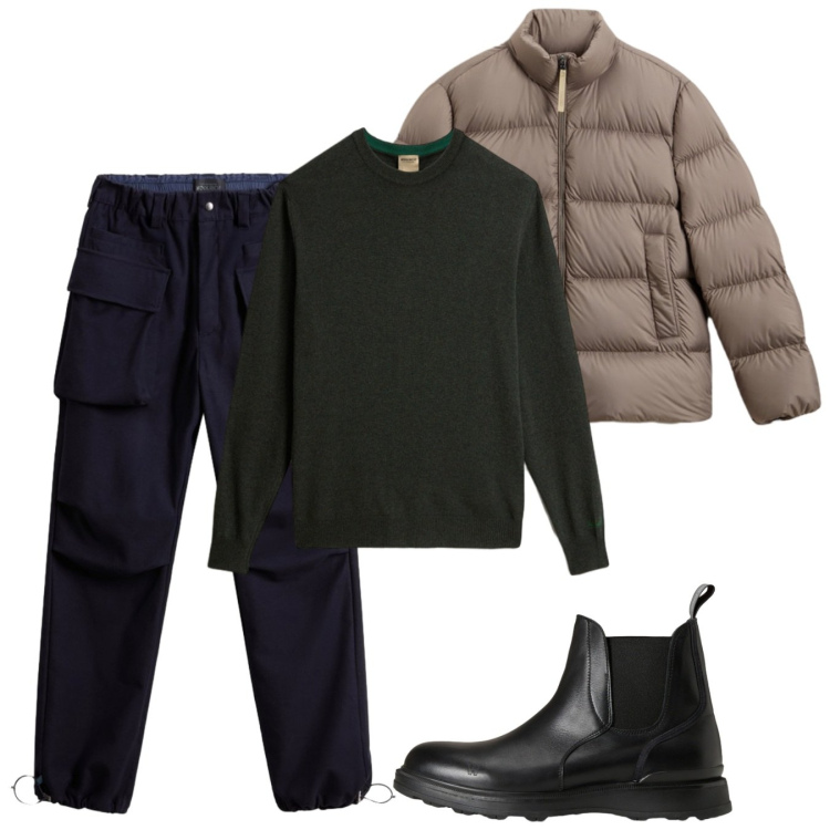 Outfit uomo - Autunno. Stile Casual per Tutti i giorni. Abbinamento con piumini, stivali e stivaletti, pantaloni, maglieria.