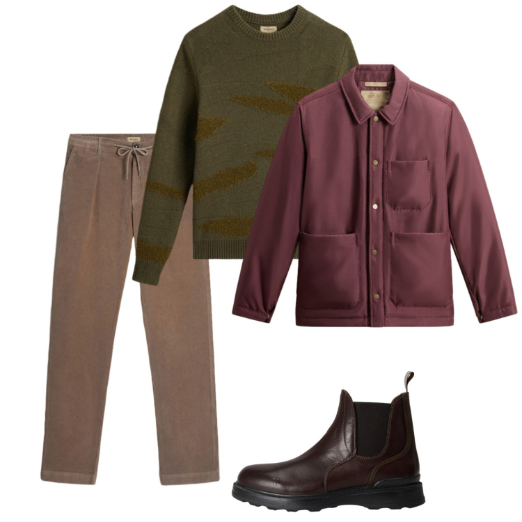 Outfit uomo - Burgundy e terracotta. Stile Casual per Tutti i giorni. Abbinamento con pantaloni, stivali e stivaletti, maglieria, giacche.