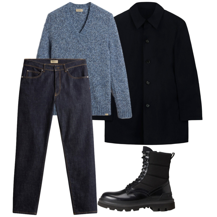 Outfit uomo - Il cappottone. Stile Casual per Tutti i giorni. Abbinamento con pantaloni, pullovers, anfibi, trench.