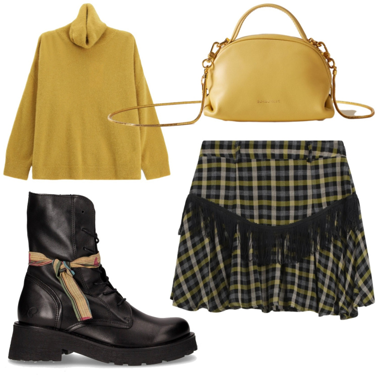 Outfit donna - Stivaletti bassi. Stile Mannish per Tutti i giorni. Abbinamento con maglieria, borse a mano, minigonne, anfibi.