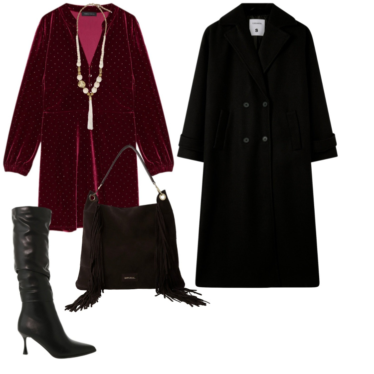 Outfit donna - Sabato sera. per Serata fuori. Abbinamento con cappotti, stivali sopra il ginocchio, borse a spalla, ciondoli, vestiti corti.