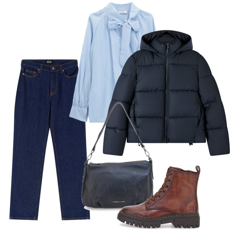 Outfit donna - Black Friday Chic. Stile Bon Ton per Ufficio. Abbinamento con bomber, jeans dritti, bluse, anfibi, borse a spalla.