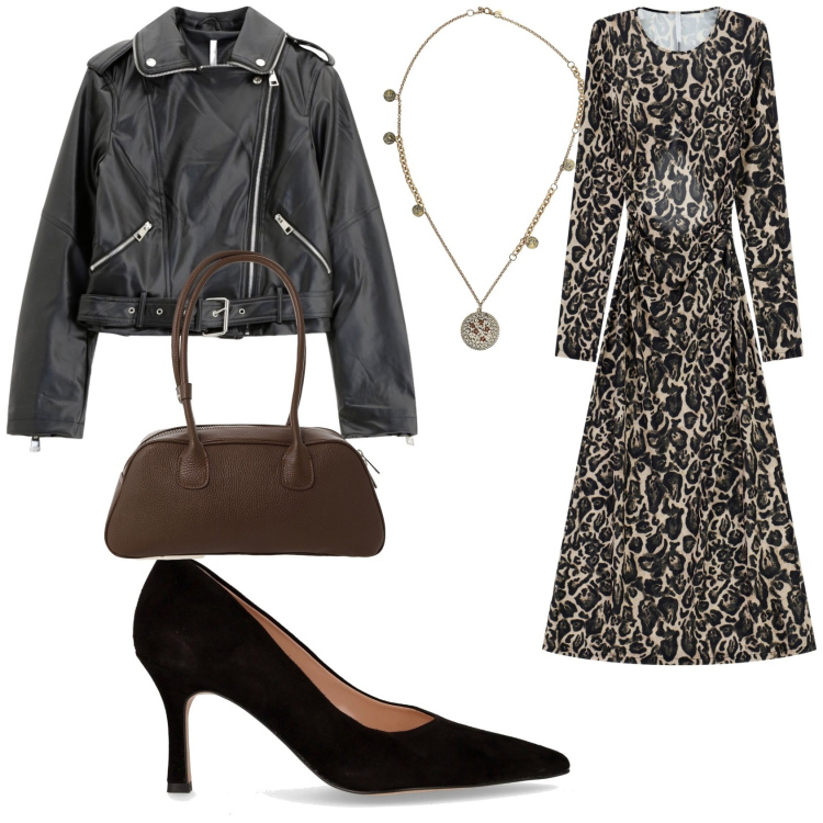 Outfit donna - Il vestito animalier. Stile Glamour per Serata fuori. Abbinamento con vestiti lunghi, giacche, borse a mano, ciondoli, décolleté.