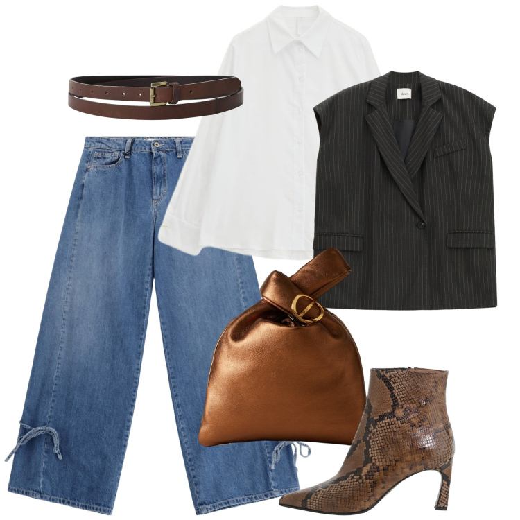 Outfit donna - Lines of Style. Stile Casual chic per Tutti i giorni. Abbinamento con jeans, camicie, borse a mano, cinture, stivaletti, gilet.