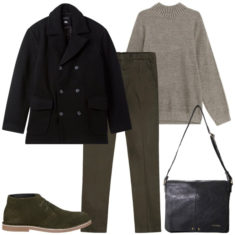 Outfit uomo - Novembre. Stile Urban per Tutti i giorni. Abbinamento con caban, borse sportive, maglieria, pantaloni, stivali e stivaletti.