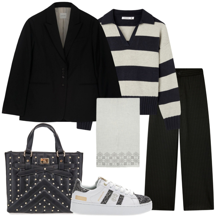 Outfit donna - Total look #2282431. Stile Chic per Ufficio. Abbinamento con maglieria, pantaloni, sneakers, borse a mano, sciarpe, blazer.