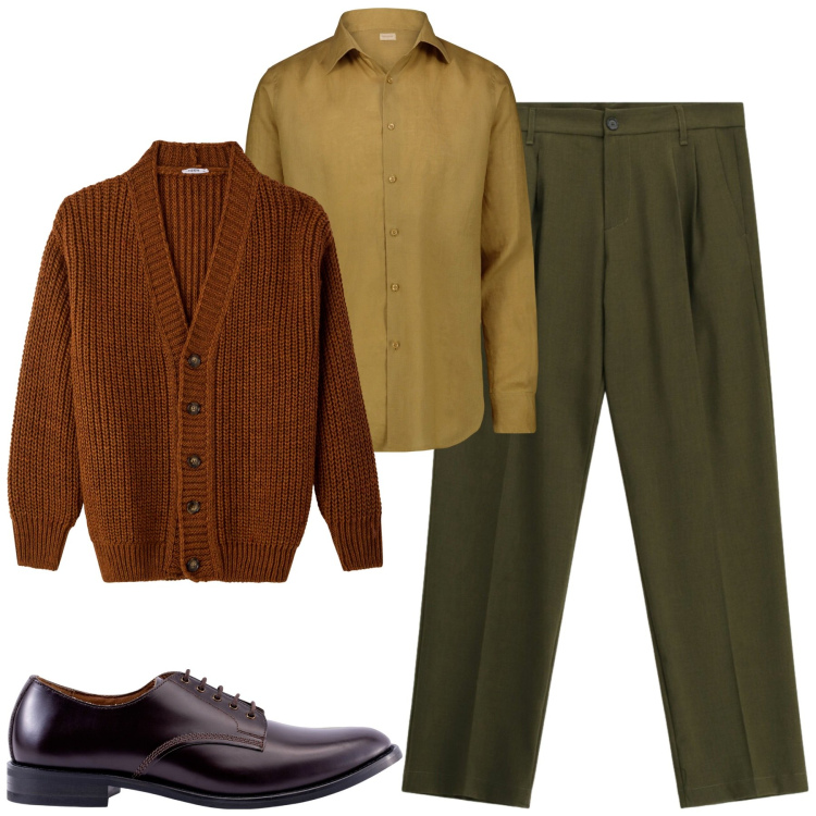 Outfit uomo - Colori autunnali. Stile Urban per Tutti i giorni. Abbinamento con cardigans, pantaloni, scarpe stringate, camicie.