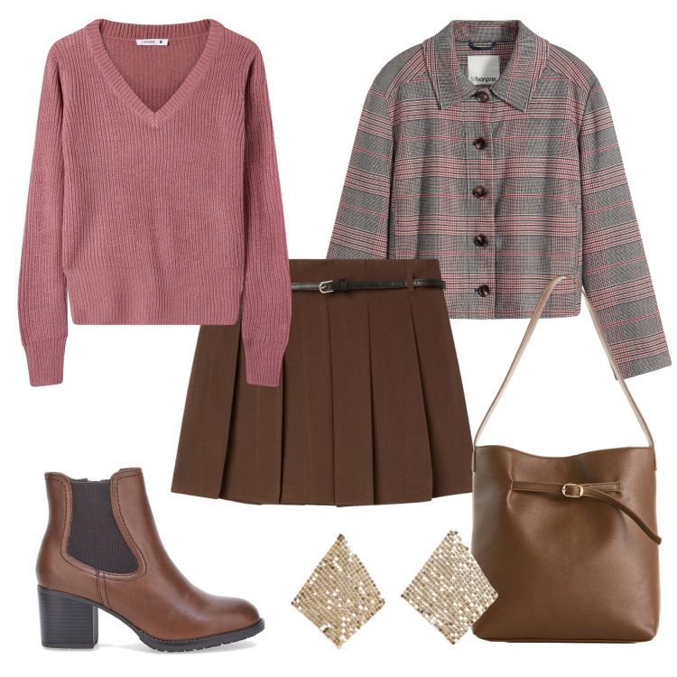 Outfit donna - Total look #2282437. Stile Chic per Ufficio. Abbinamento con cappotti, borse a mano, maglieria, orecchini, minigonne, stivaletti chelsea.